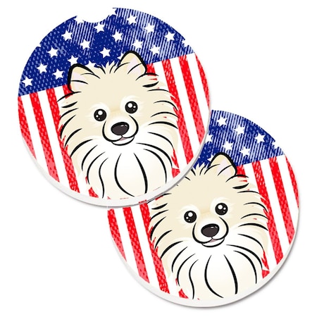 Carolines Treasures American Flag and Pomeranian Set of 2 Cup Holder Car Coaster BB2137CARC